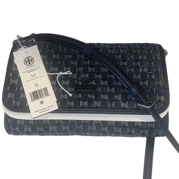 Tory Burch Thea Denim Navy Woven Flat Wallet Crossbody Bag NWT - Picture 4 of 11